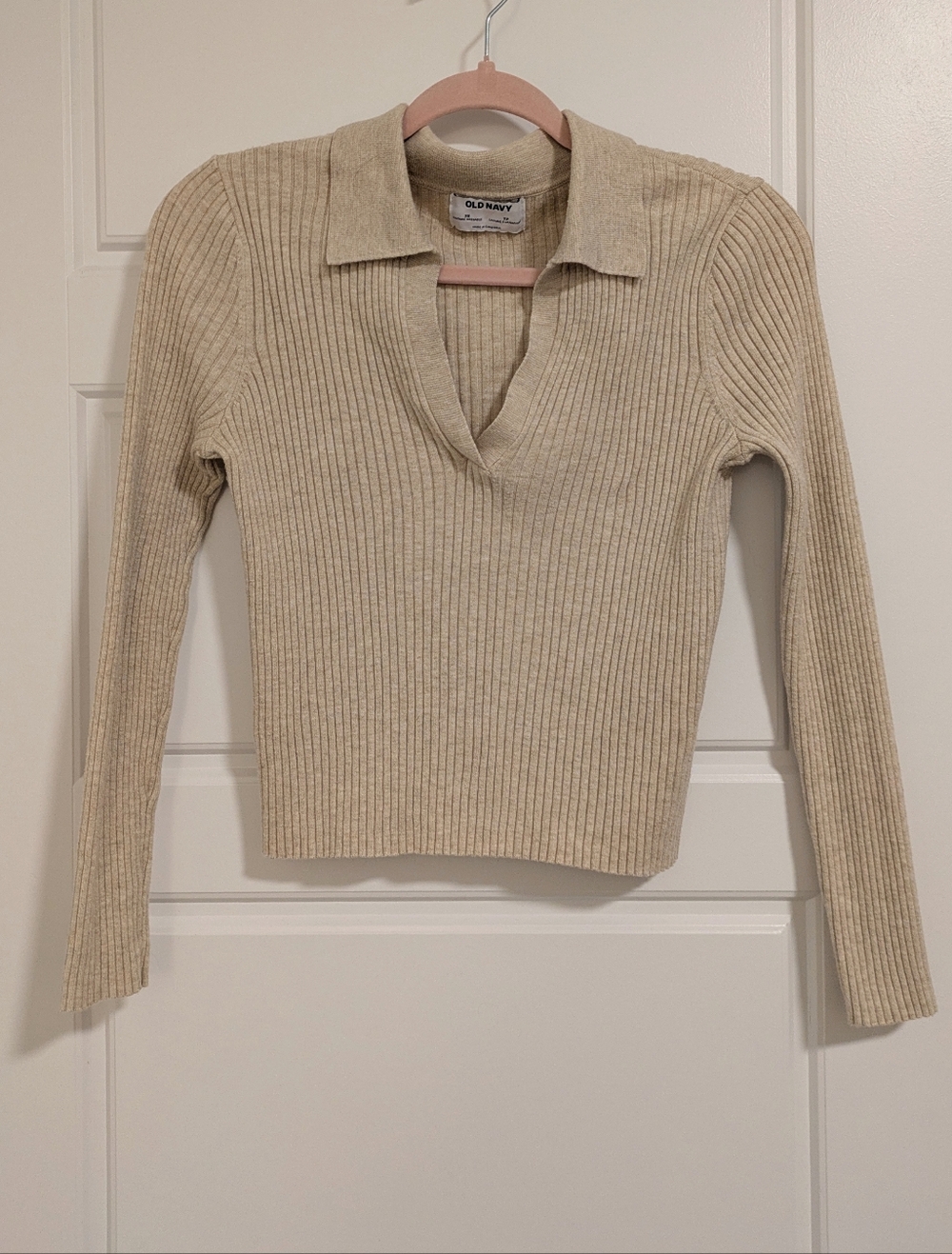 Cotton Ribbed V-Neck Polo Sweater in Beige - Picture 3 of 8